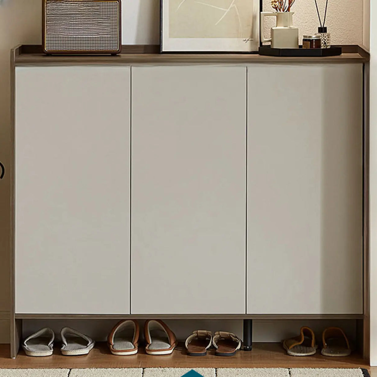 Modern Rectangular Wood Entryway Beige Shoe Cabinet Image - 12