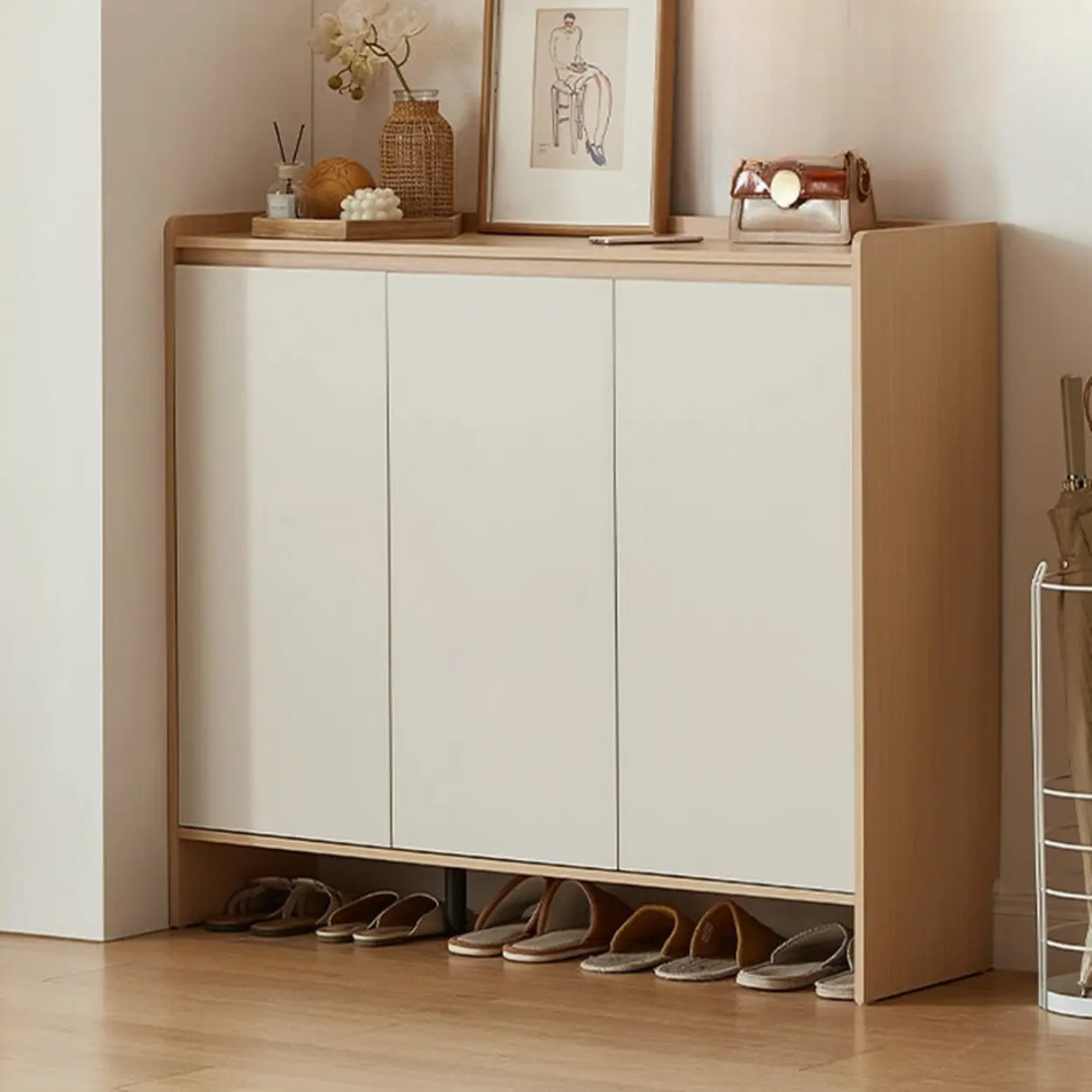 Modern Rectangular Wood Entryway Beige Shoe Cabinet Image - 1