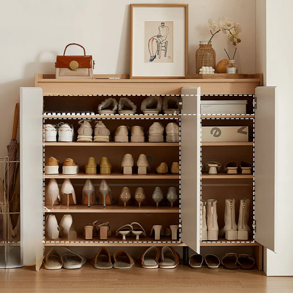 Modern Rectangular Wood Entryway Beige Shoe Cabinet Image - 4