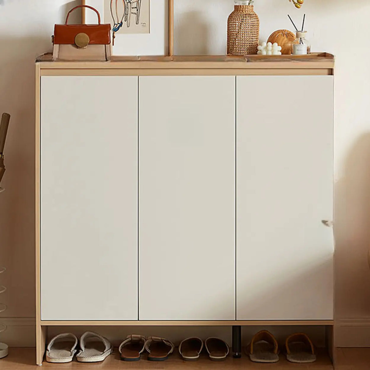 Modern Rectangular Wood Entryway Beige Shoe Cabinet Image - 5