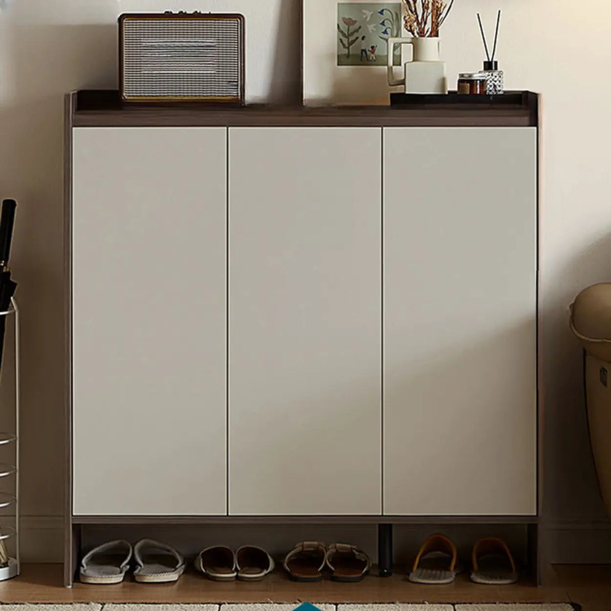 Modern Rectangular Wood Entryway Beige Shoe Cabinet Image - 7