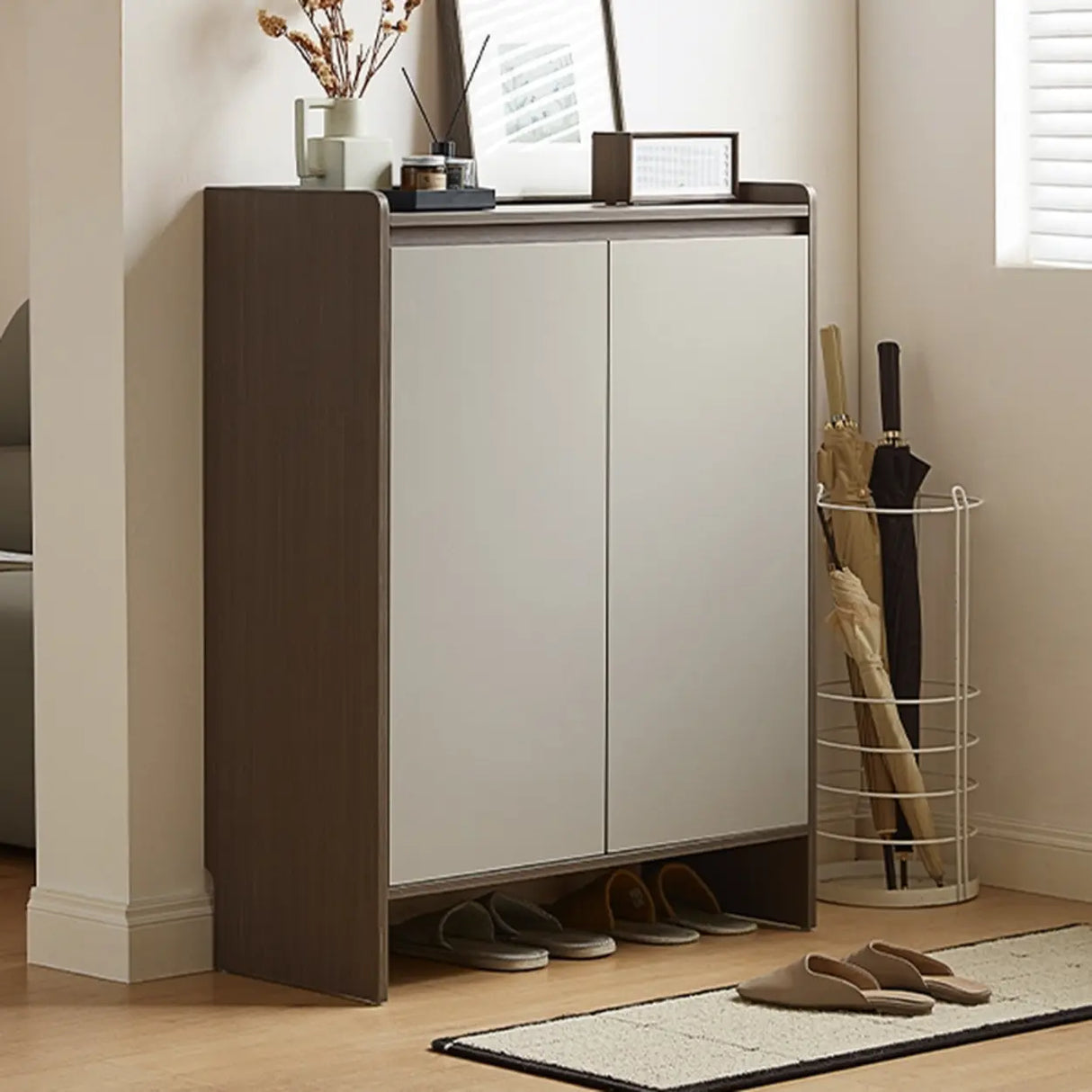 Modern Rectangular Wood Entryway Beige Shoe Cabinet Image - 8