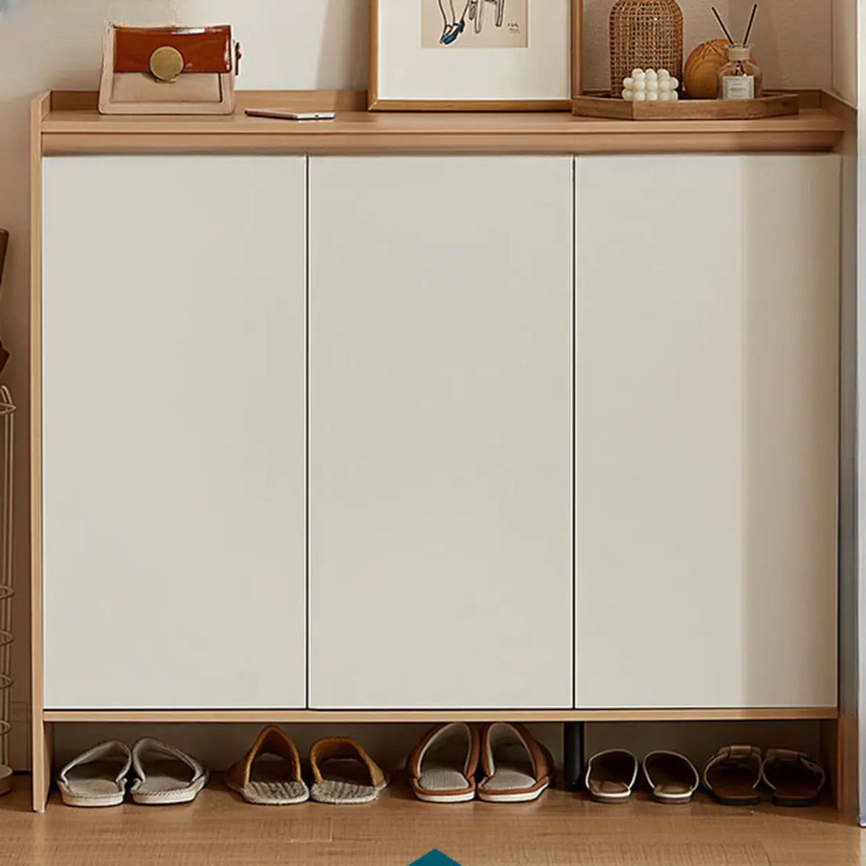 Modern Rectangular Wood Entryway Beige Shoe Cabinet Image - 9