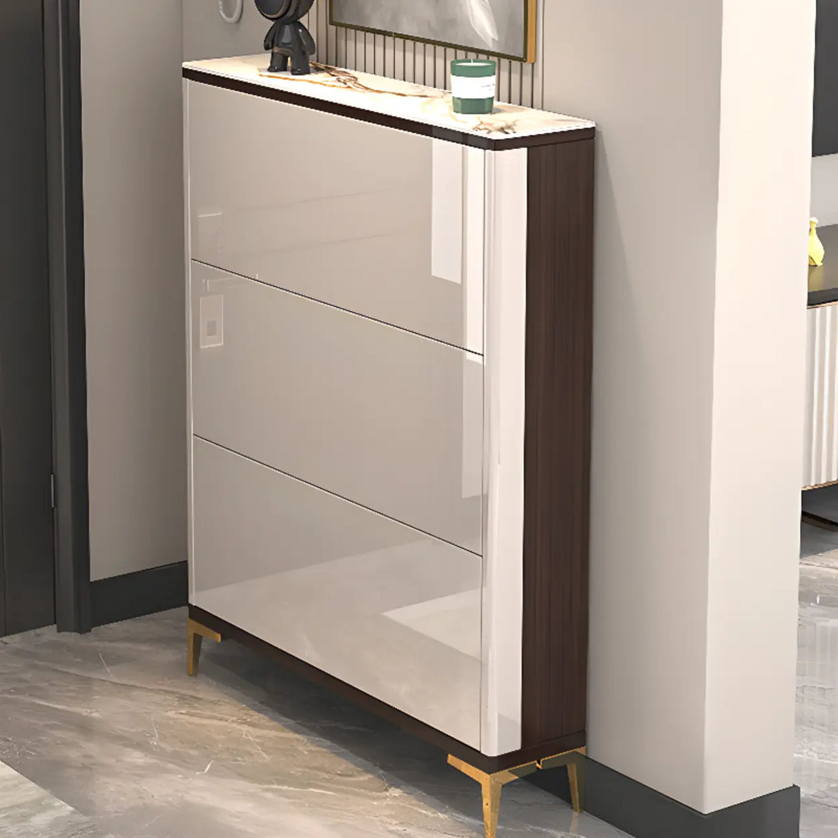 Modern Rectangular Wood Entryway Cream Large Shoe Cabinet Image - 12