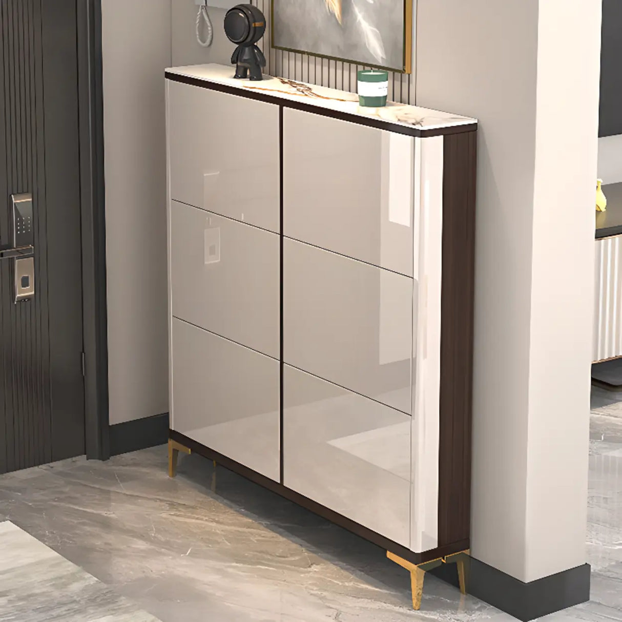 Modern Rectangular Wood Entryway Cream Large Shoe Cabinet Image - 14