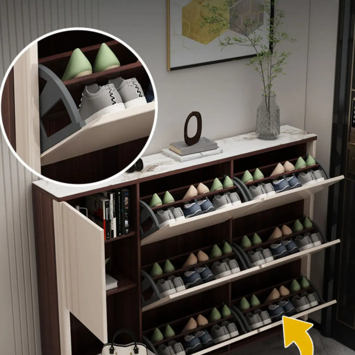 Modern Rectangular Wood Entryway Cream Large Shoe Cabinet Image - 15