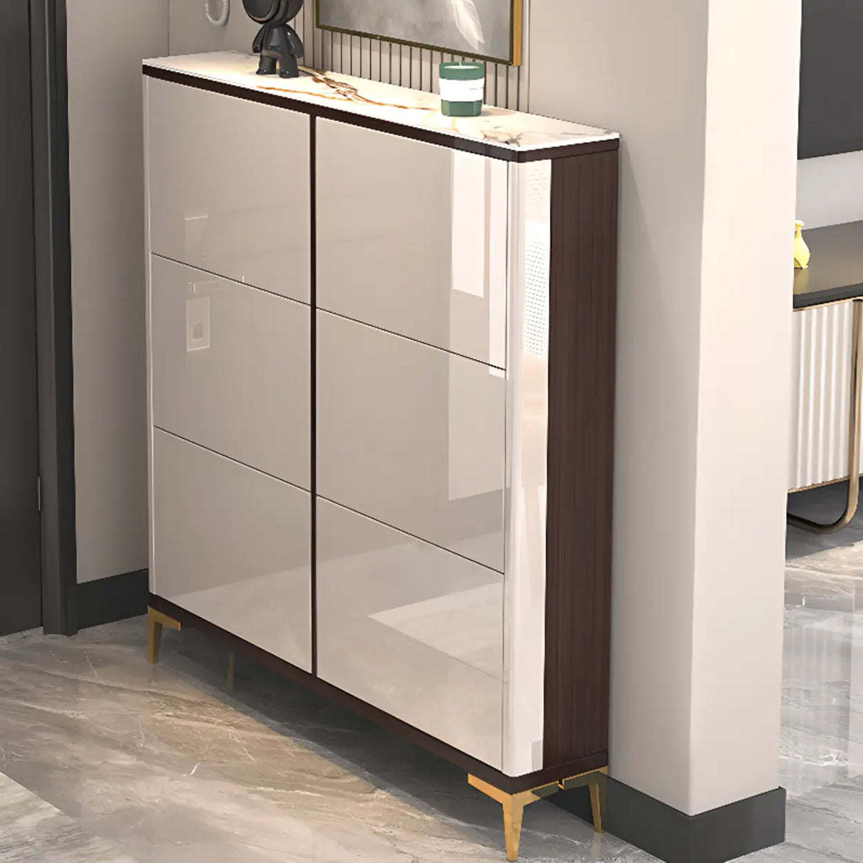 Modern Rectangular Wood Entryway Cream Large Shoe Cabinet Image - 16