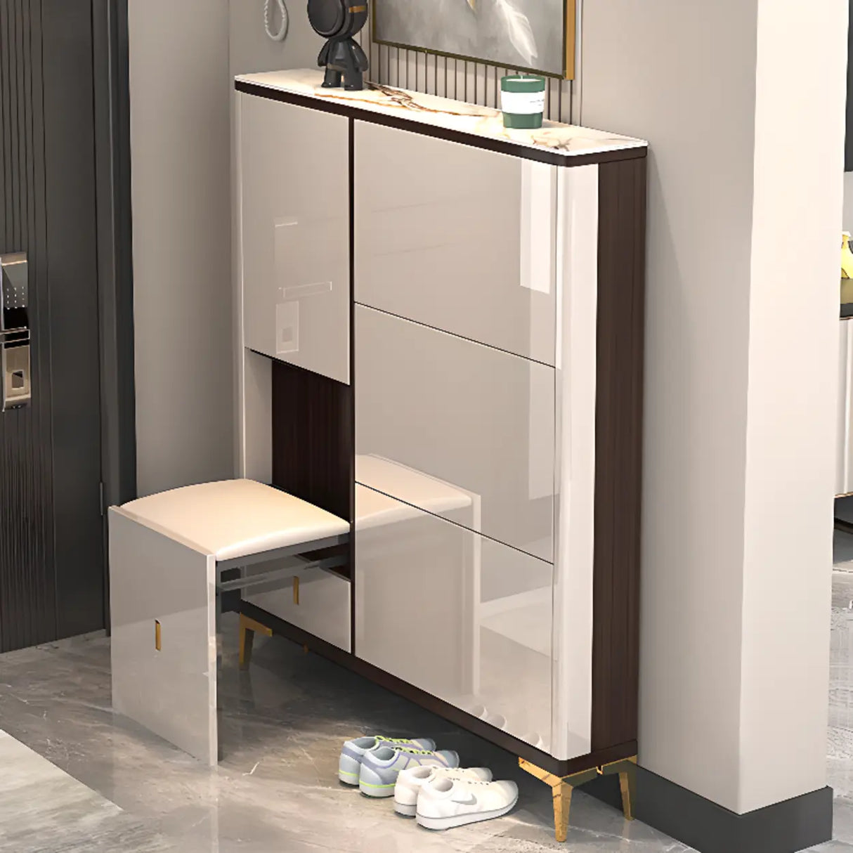 Modern Rectangular Wood Entryway Cream Large Shoe Cabinet Image - 17