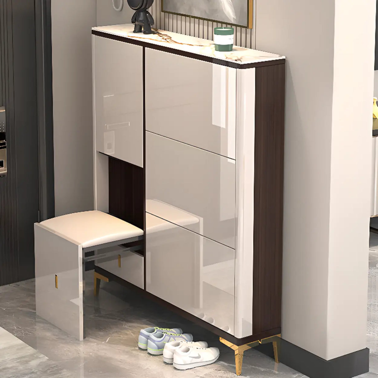 Modern Rectangular Wood Entryway Cream Large Shoe Cabinet Image - 18