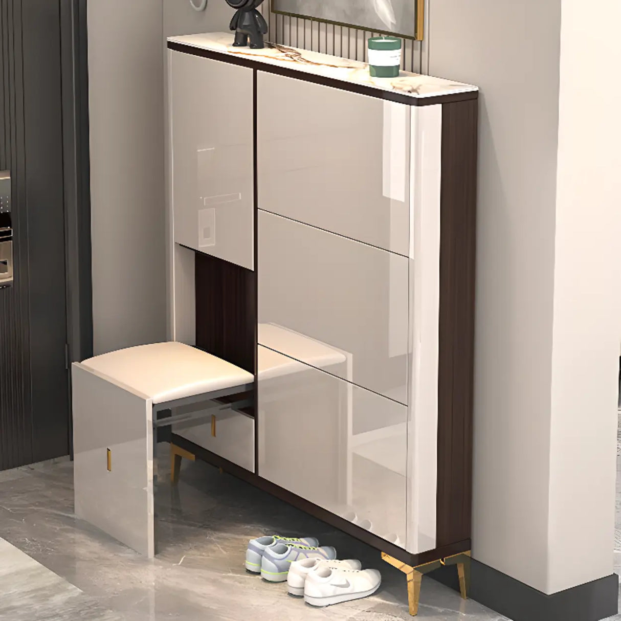 Modern Rectangular Wood Entryway Cream Large Shoe Cabinet Image - 19