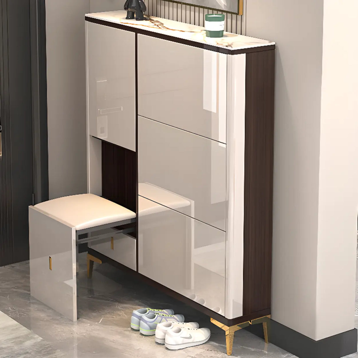 Modern Rectangular Wood Entryway Cream Large Shoe Cabinet Image - 20