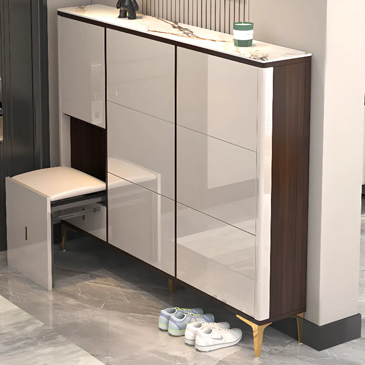 Modern Rectangular Wood Entryway Cream Large Shoe Cabinet Image - 22