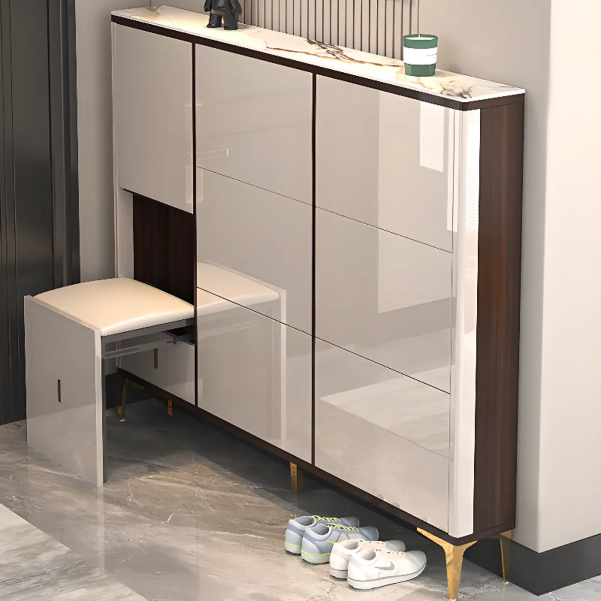 Modern Rectangular Wood Entryway Cream Large Shoe Cabinet Image - 23