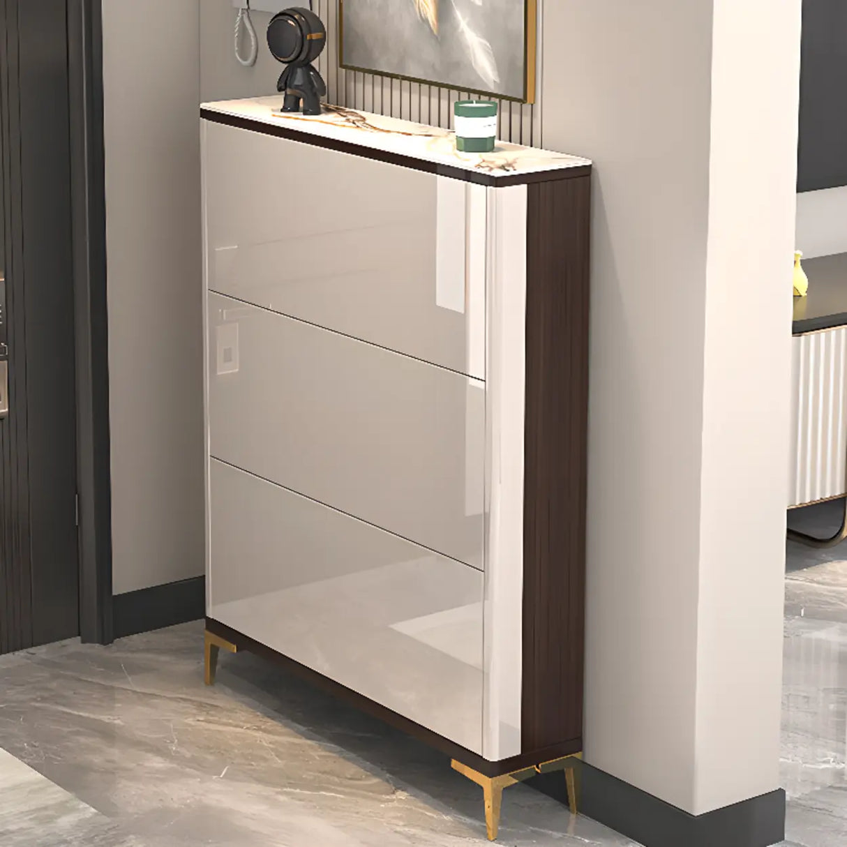 Modern Rectangular Wood Entryway Cream Large Shoe Cabinet Image - 3