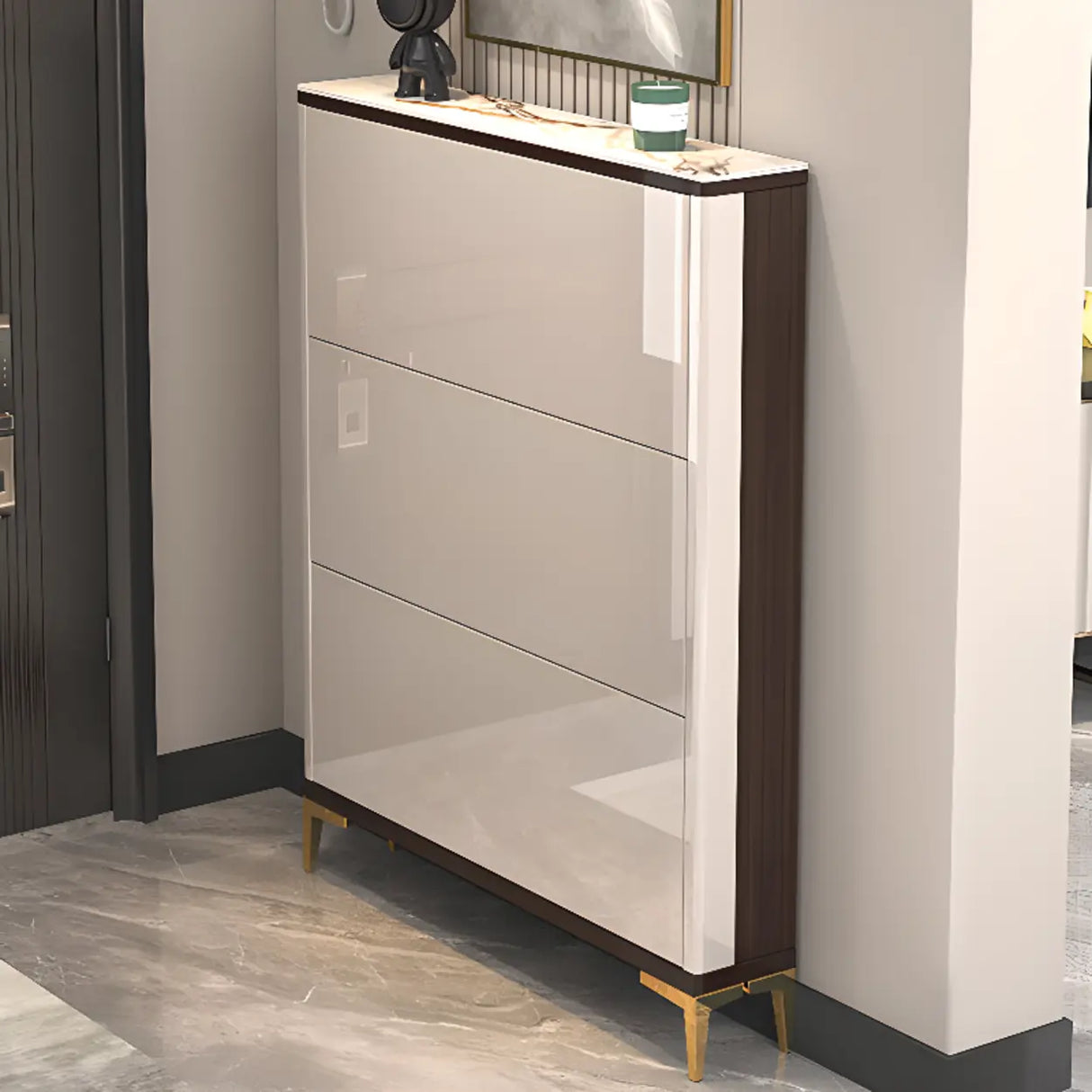 Modern Rectangular Wood Entryway Cream Large Shoe Cabinet Image - 5