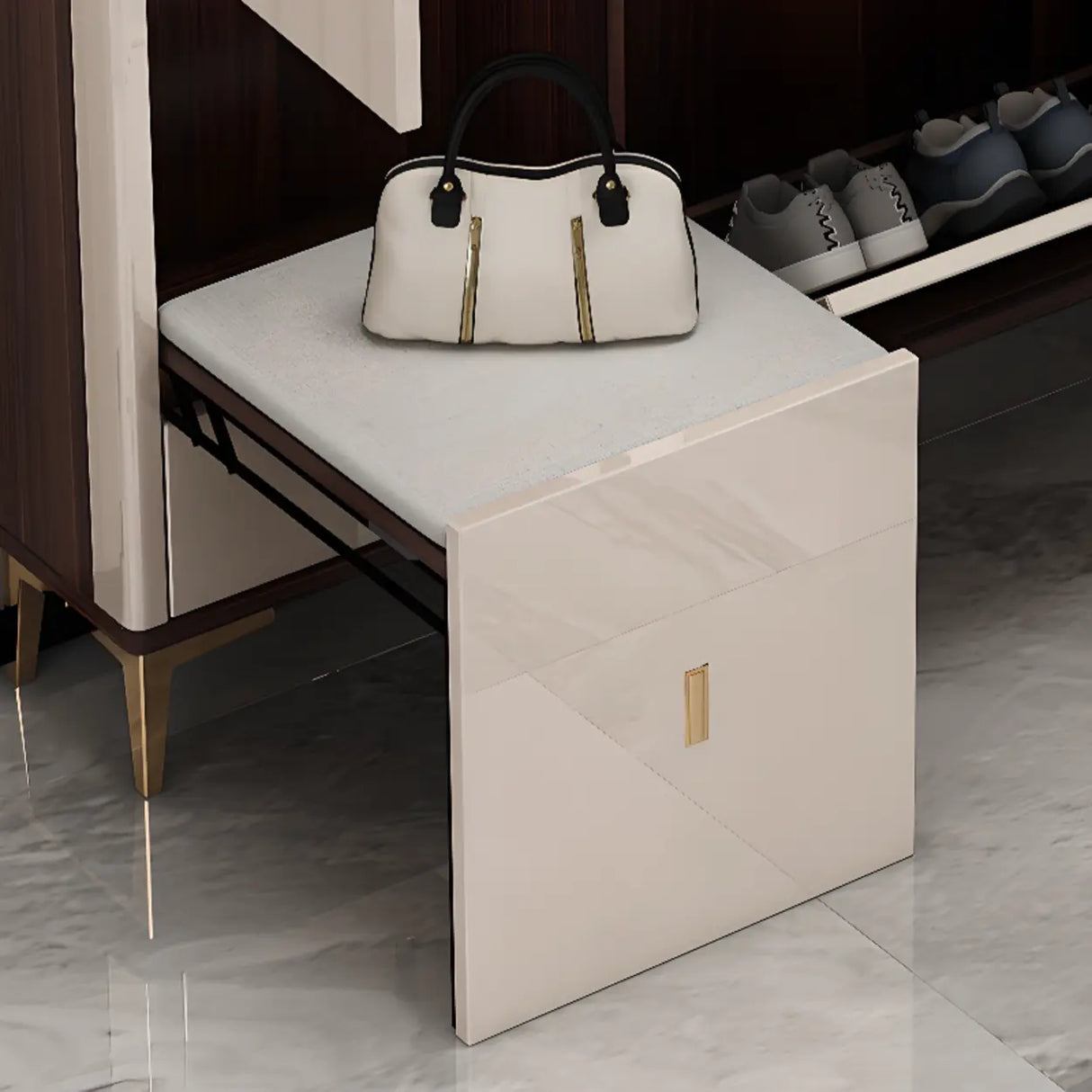 Modern Rectangular Wood Entryway Cream Large Shoe Cabinet Image - 6