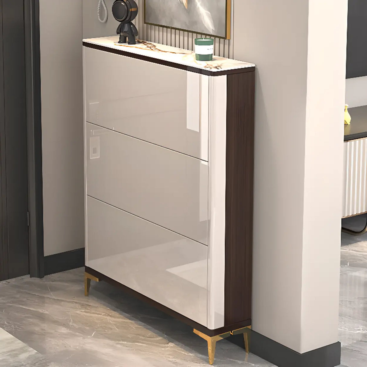 Modern Rectangular Wood Entryway Cream Large Shoe Cabinet Image - 7