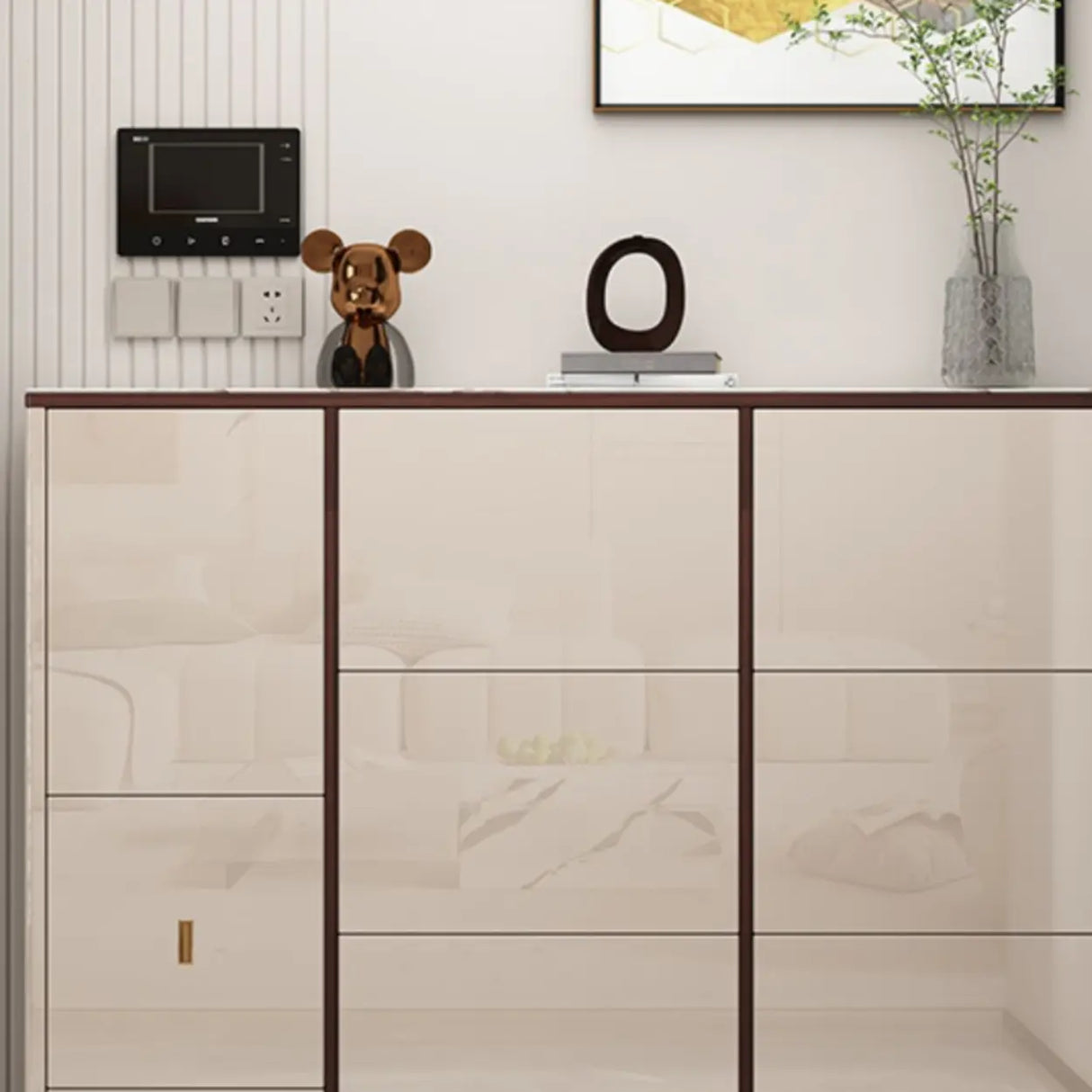 Modern Rectangular Wood Entryway Cream Large Shoe Cabinet Image - 8