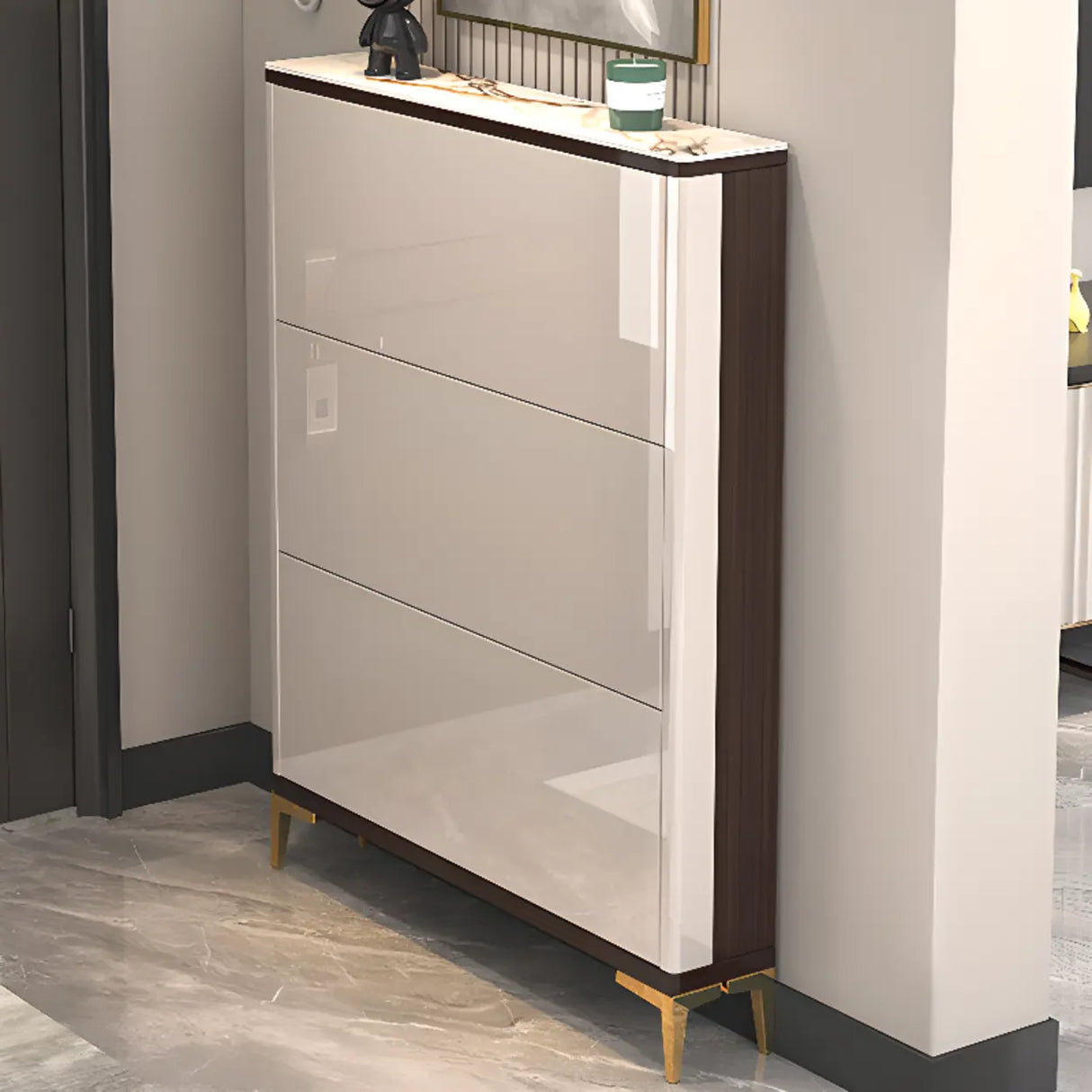 Modern Rectangular Wood Entryway Cream Large Shoe Cabinet Image - 9