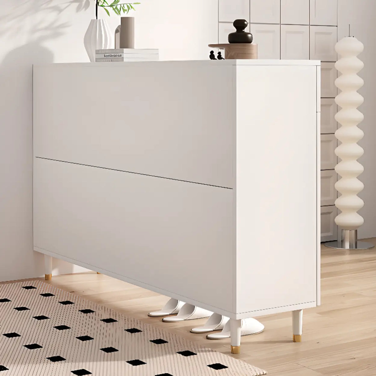 Modern Rectangular Wood Entryway White Shoe Cabinet Image - 11