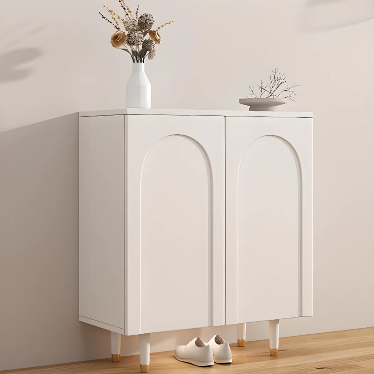 Modern Rectangular Wood Entryway White Shoe Cabinet Image - 3
