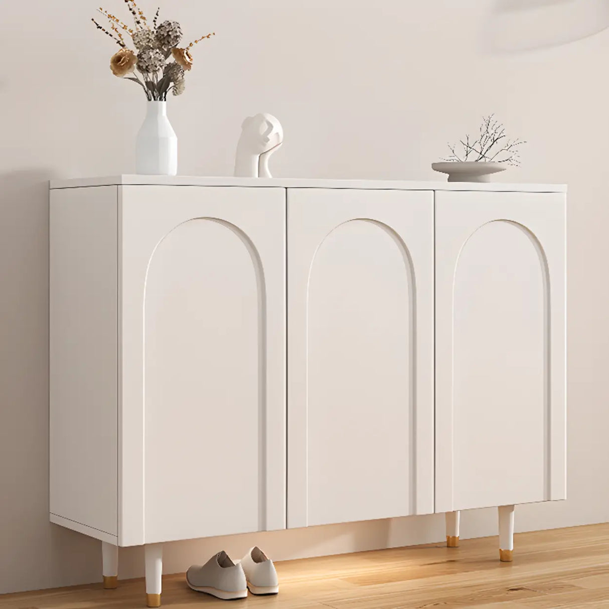 Modern Rectangular Wood Entryway White Shoe Cabinet Image - 5