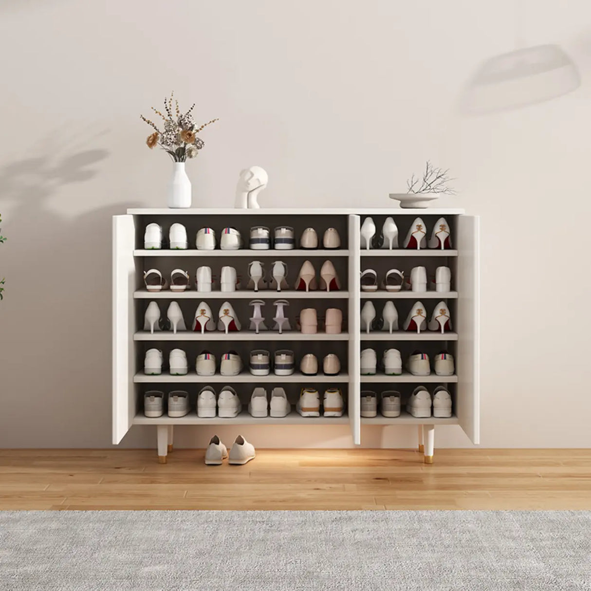 Modern Rectangular Wood Entryway White Shoe Cabinet Image - 6
