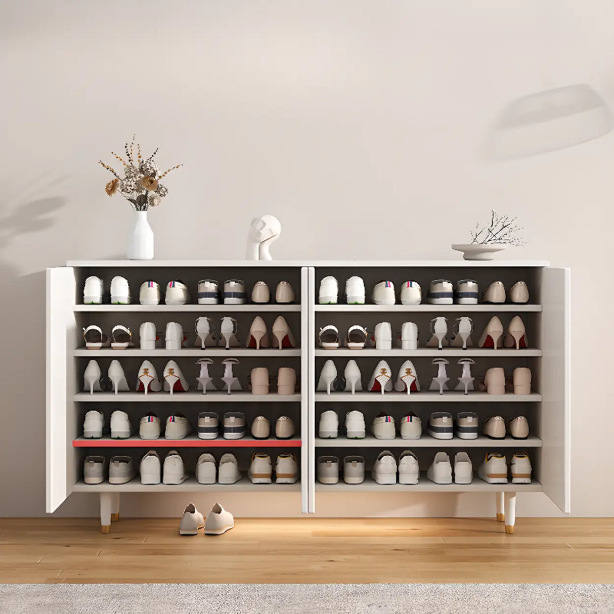 Modern Rectangular Wood Entryway White Shoe Cabinet Image - 8