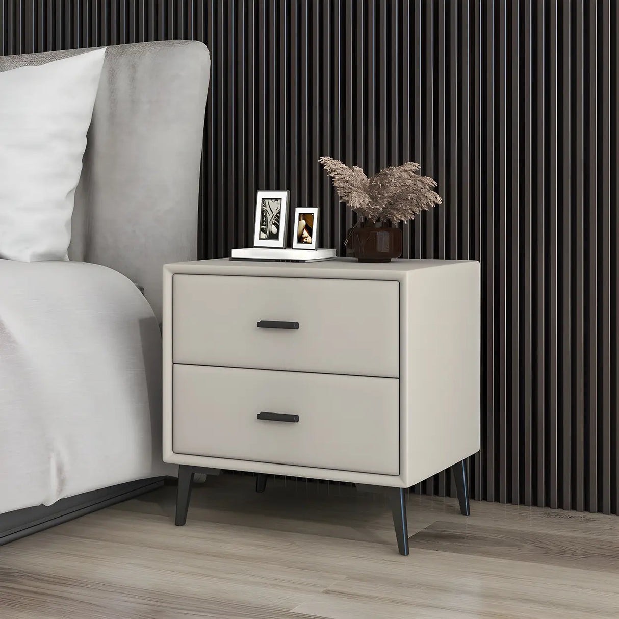 Modern Rectangular Wood Gray Drawer Storage Nightstand Image - 10