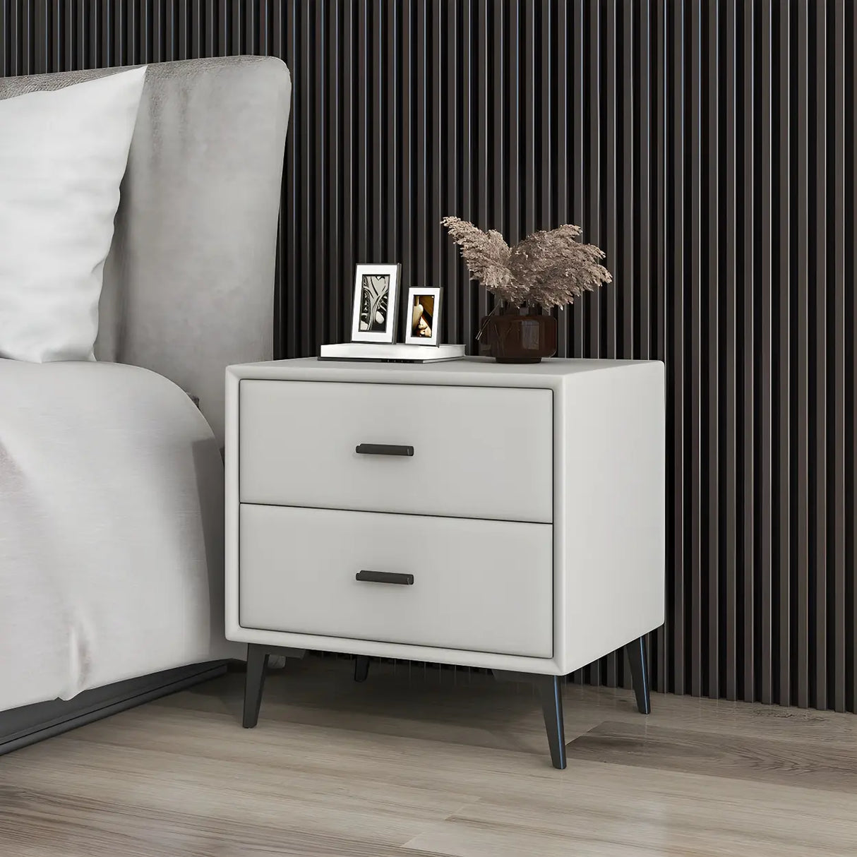 Modern Rectangular Wood Gray Drawer Storage Nightstand Image - 11