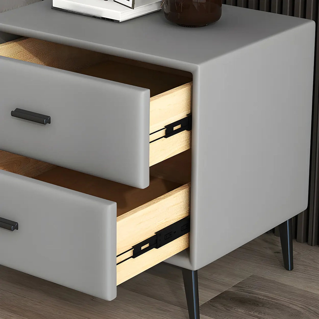 Modern Rectangular Wood Gray Drawer Storage Nightstand Image - 12