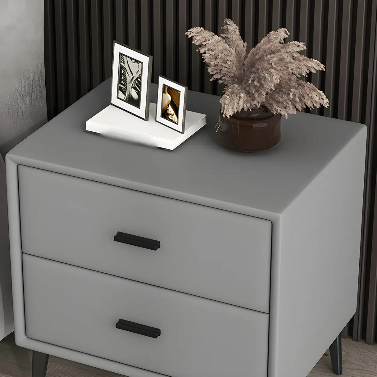 Modern Rectangular Wood Gray Drawer Storage Nightstand Image - 15