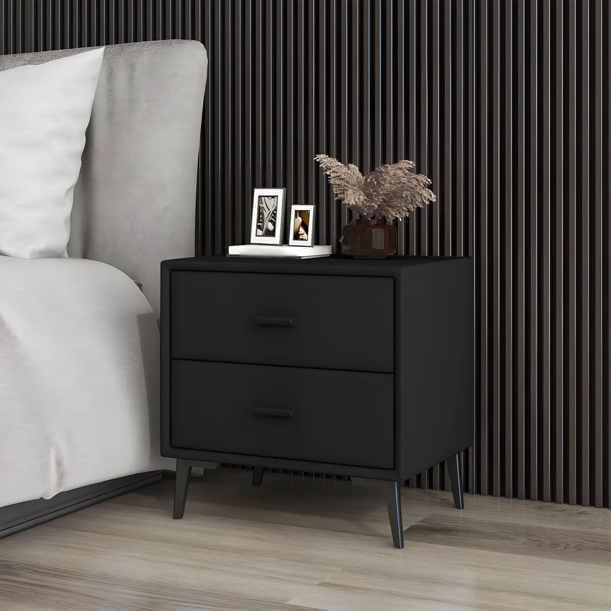 Modern Rectangular Wood Gray Drawer Storage Nightstand Image - 16