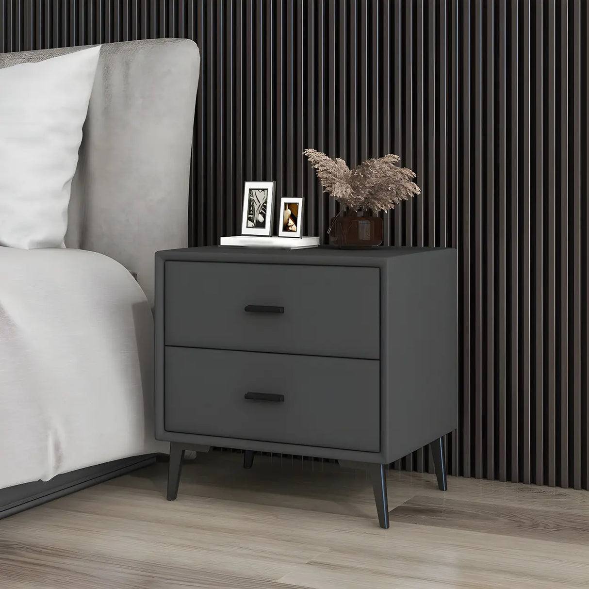 Modern Rectangular Wood Gray Drawer Storage Nightstand Image - 17