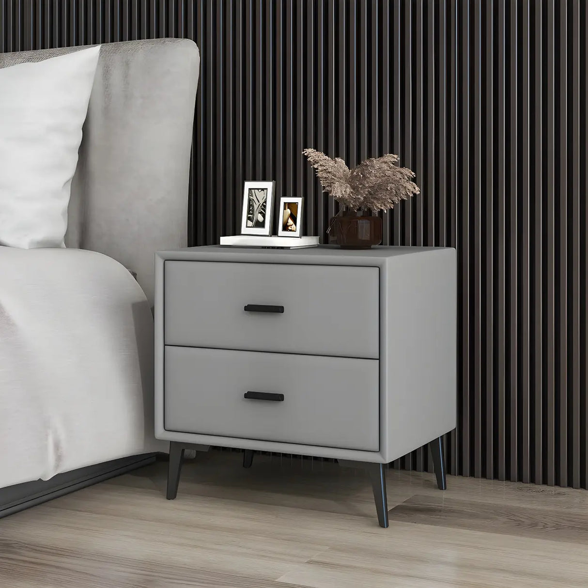 Modern Rectangular Wood Gray Drawer Storage Nightstand Image - 18