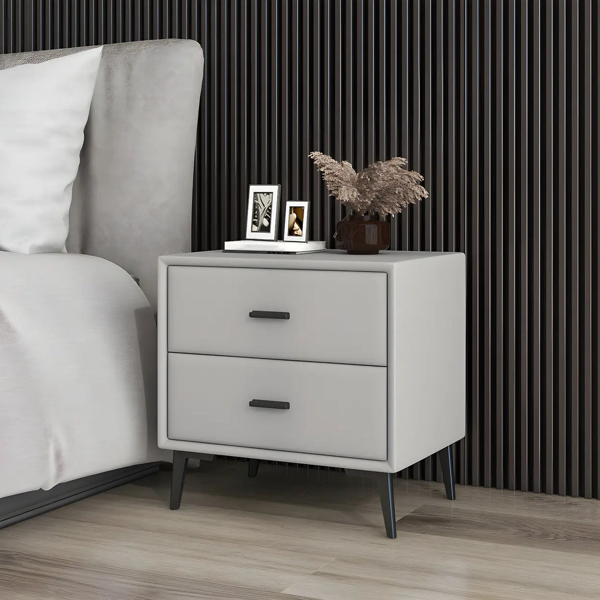 Modern Rectangular Wood Gray Drawer Storage Nightstand Image - 20
