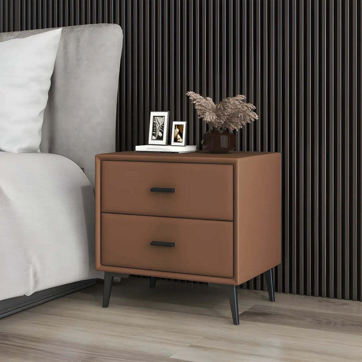 Modern Rectangular Wood Gray Drawer Storage Nightstand Image - 21