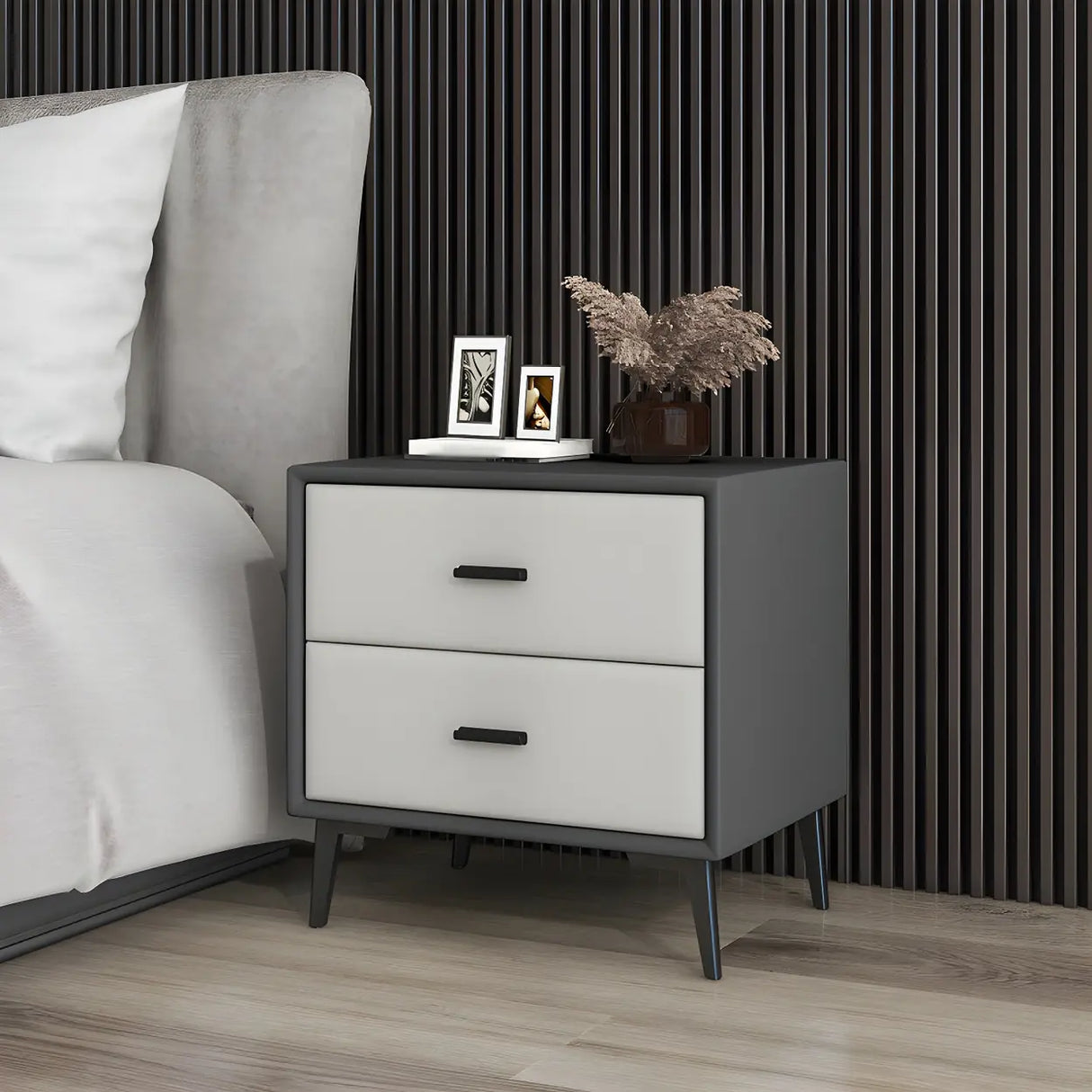 Modern Rectangular Wood Gray Drawer Storage Nightstand Image - 2