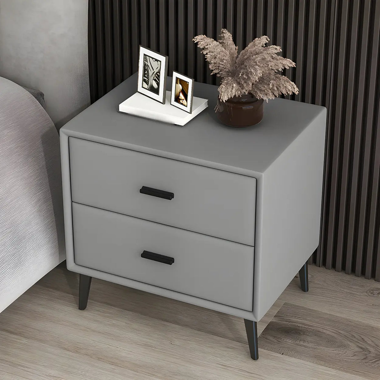Modern Rectangular Wood Gray Drawer Storage Nightstand Image - 4