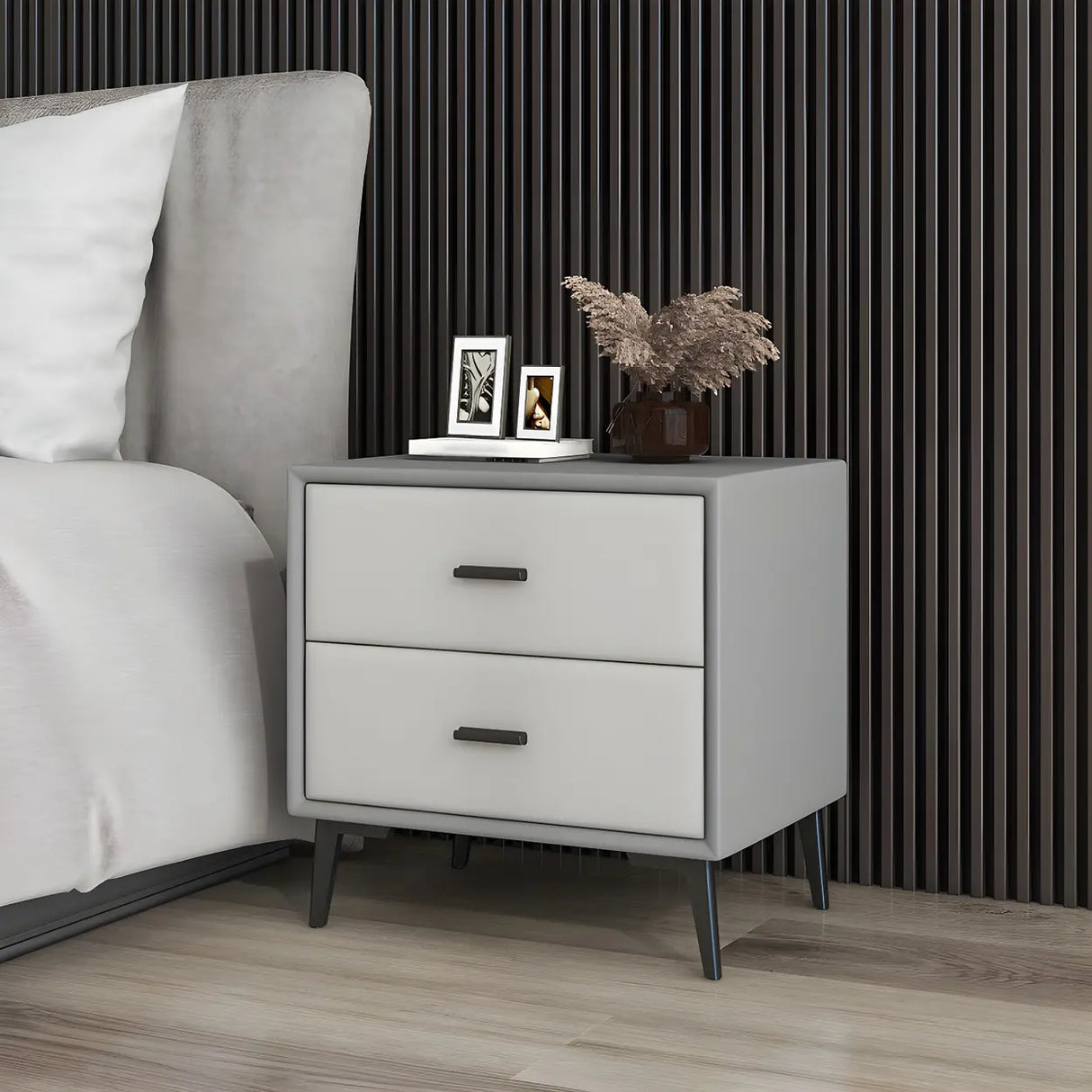 Modern Rectangular Wood Gray Drawer Storage Nightstand Image - 6