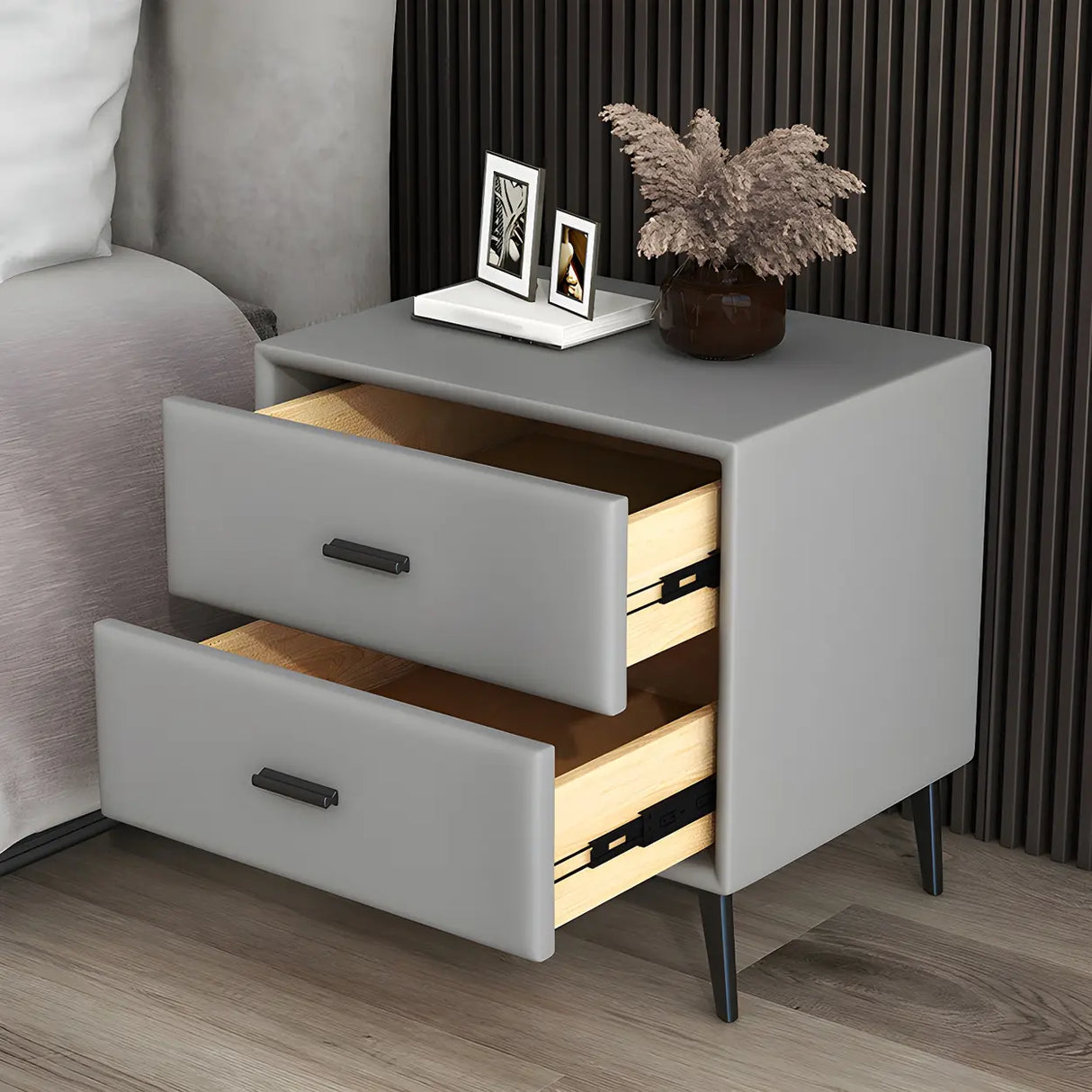 Modern Rectangular Wood Gray Drawer Storage Nightstand Image - 8