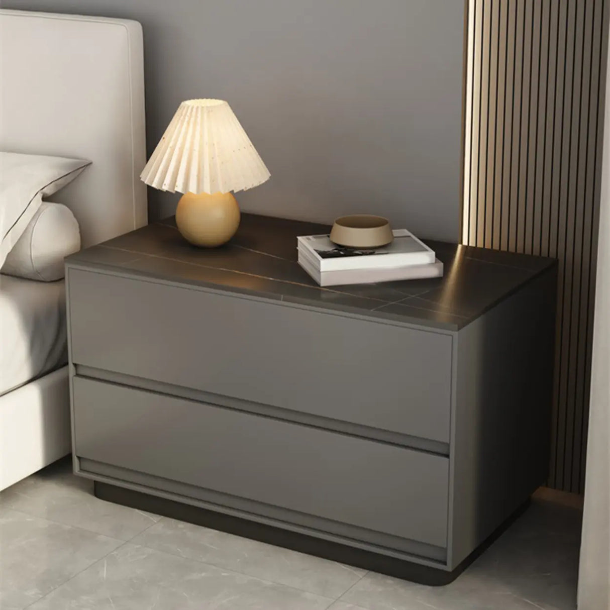Modern Rectangular Wood Gray Storage Nightstand with Drawers Image - 4
