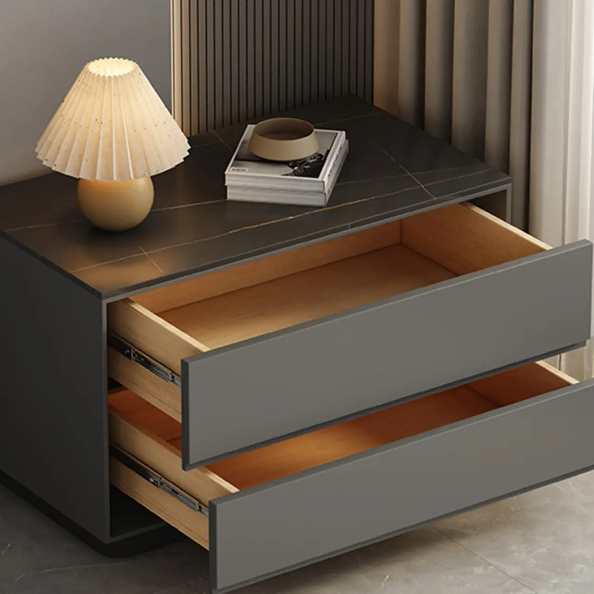 Modern Rectangular Wood Gray Storage Nightstand with Drawers Image - 12