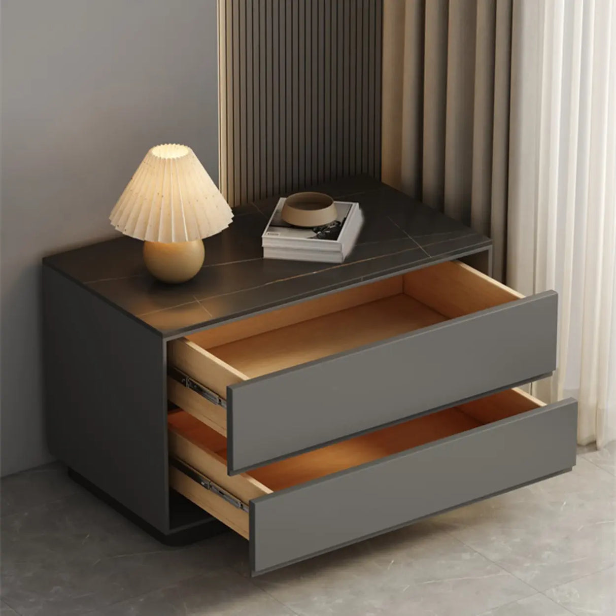 Modern Rectangular Wood Gray Storage Nightstand with Drawers Image - 8