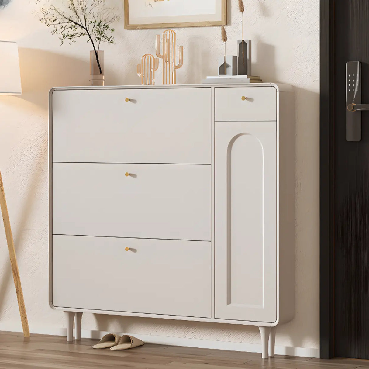 Modern Rectangular Wood Hallway Cream Shoe Storage Cabinet Image - 11