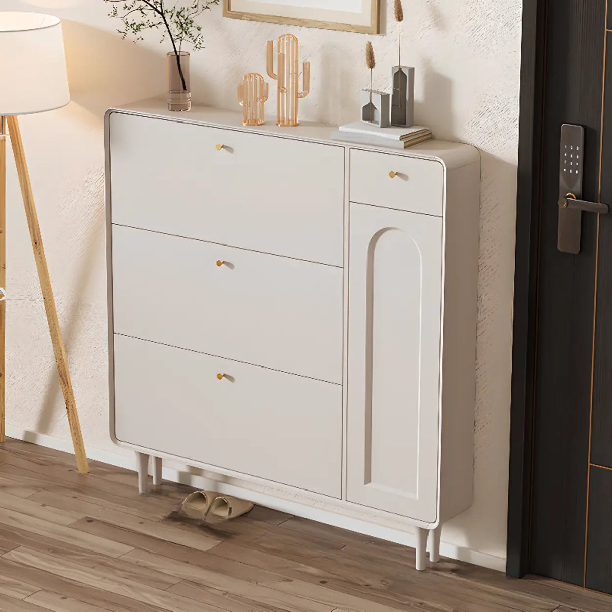 Modern Rectangular Wood Hallway Cream Shoe Storage Cabinet Image - 2