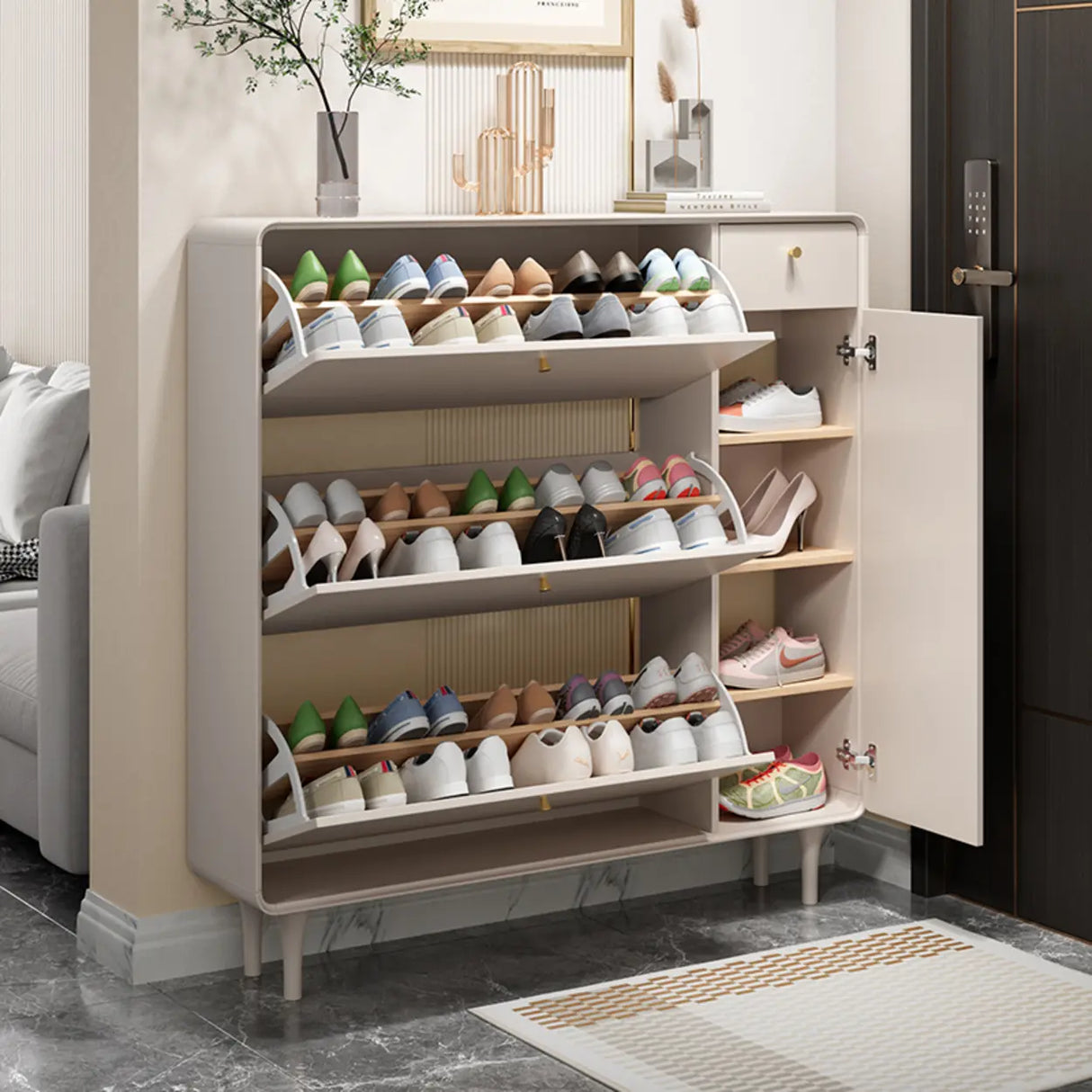 Modern Rectangular Wood Hallway Cream Shoe Storage Cabinet Image - 3