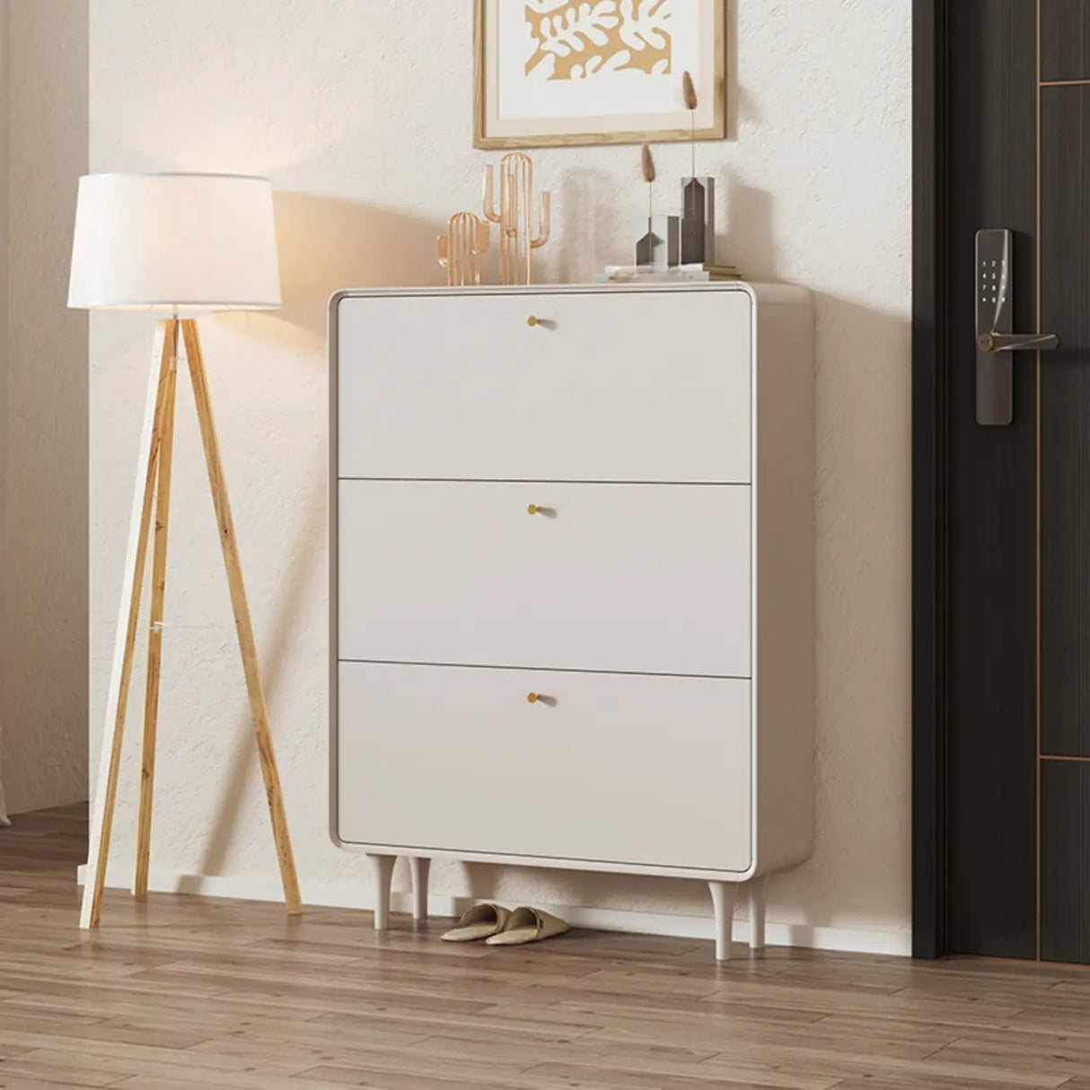 Modern Rectangular Wood Hallway Cream Shoe Storage Cabinet Image - 4