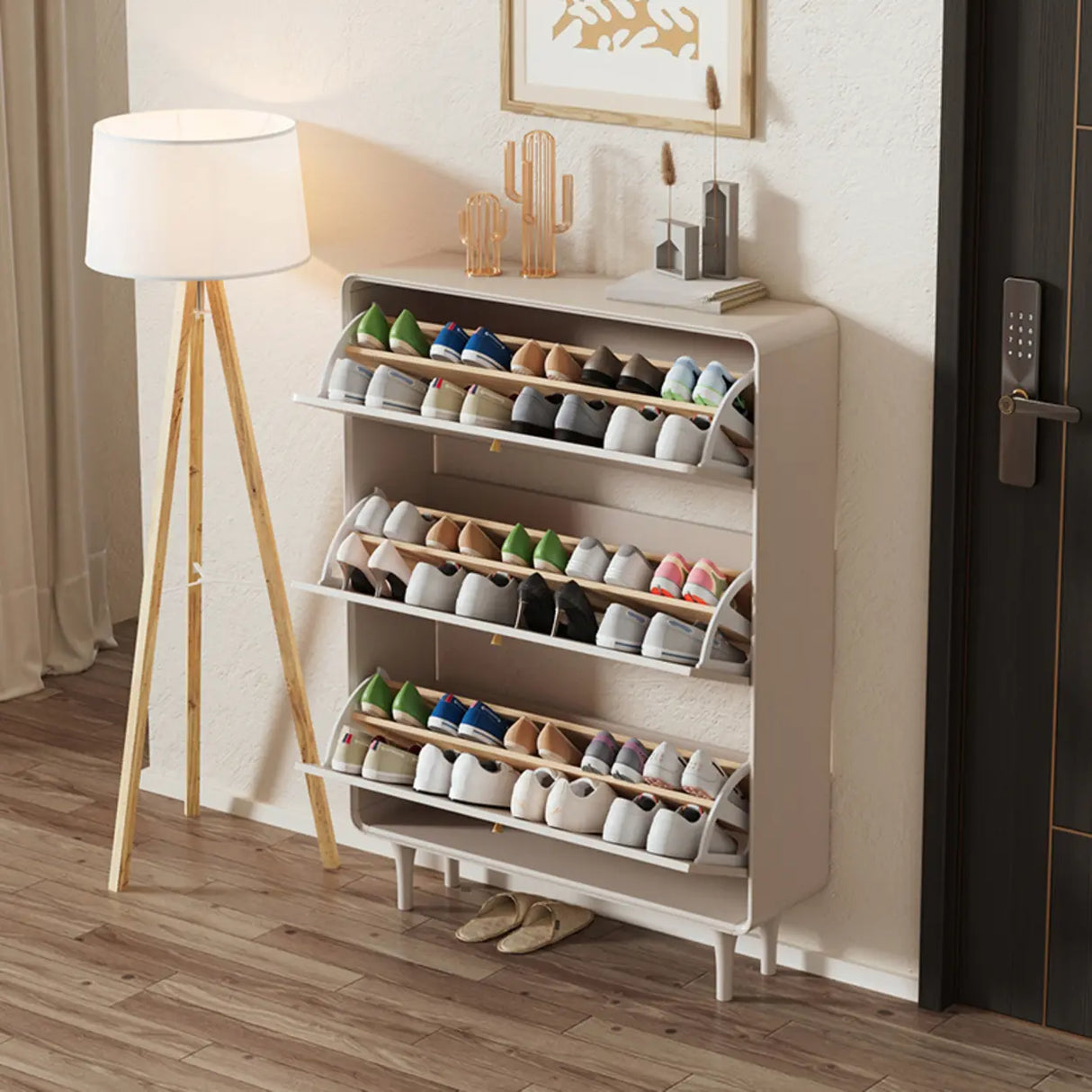 Modern Rectangular Wood Hallway Cream Shoe Storage Cabinet Image - 5