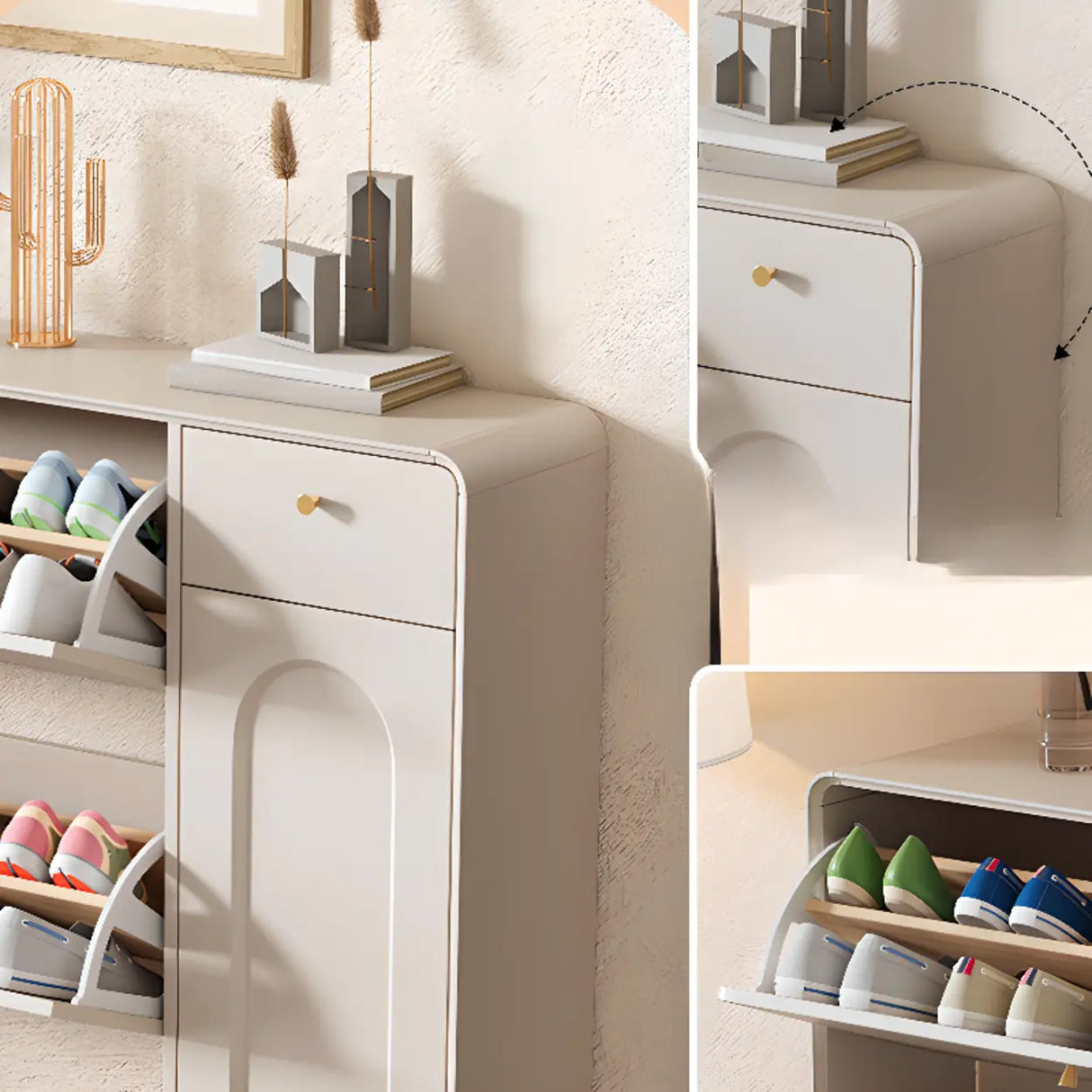 Modern Rectangular Wood Hallway Cream Shoe Storage Cabinet Image - 7